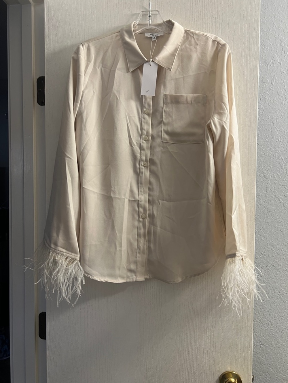 Cream Feather-Cuff Button Front Blouse